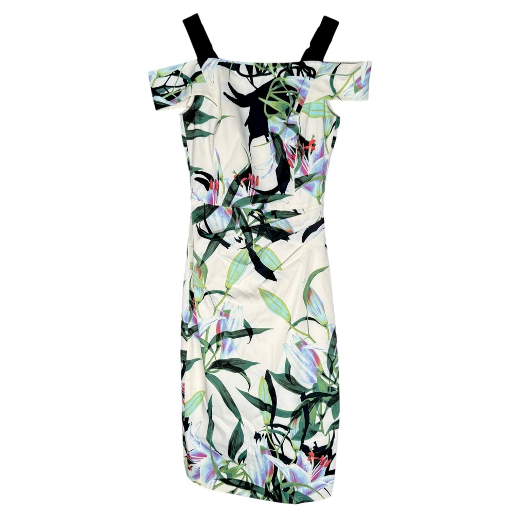 Karen Millen Sheath Ruched Dress Womens Size 2 Tropical Floral Vacation Formal
